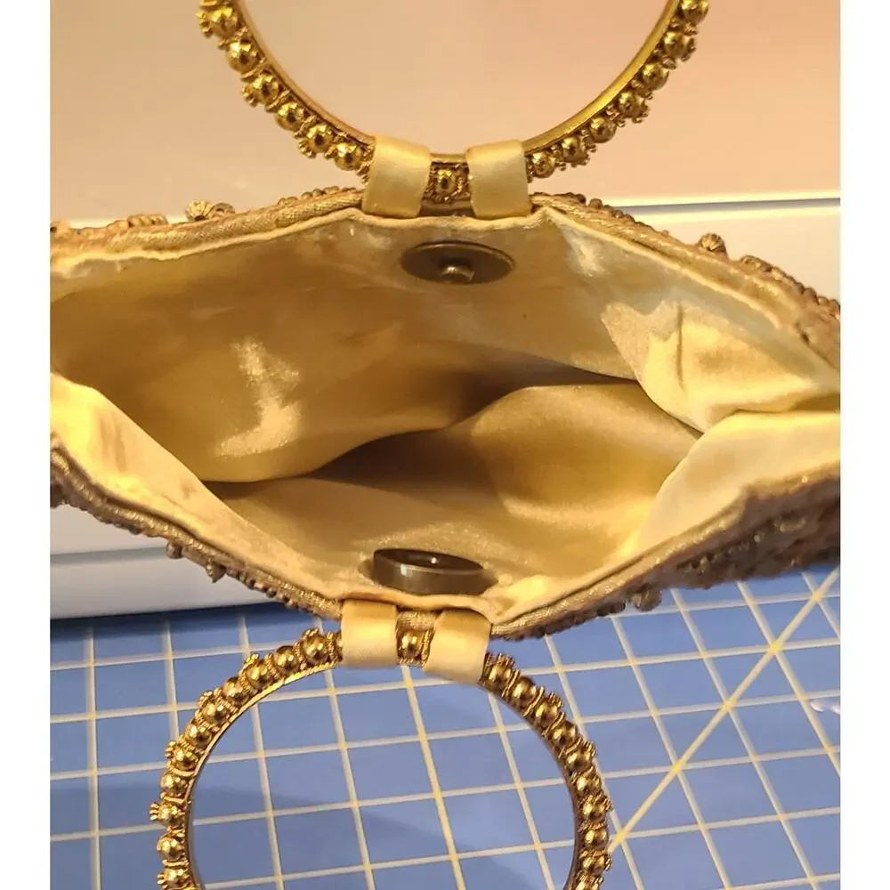 Beaded Embroidered Purse Clutch Gold Bronze Half Moon Shape
